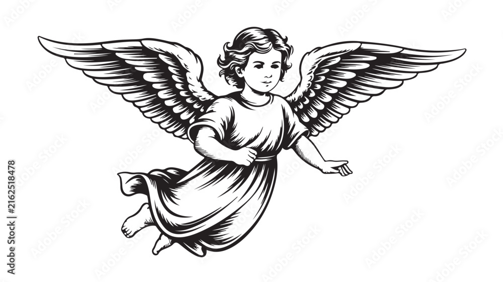 Fototapeta premium Flying cherub angel vector illustration featuring detailed wings and a peaceful face in a classic black and white artistic style
