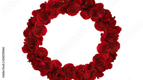 Red rose wreath with blooming flowers forming a circular frame for floral decoration isolated on white background