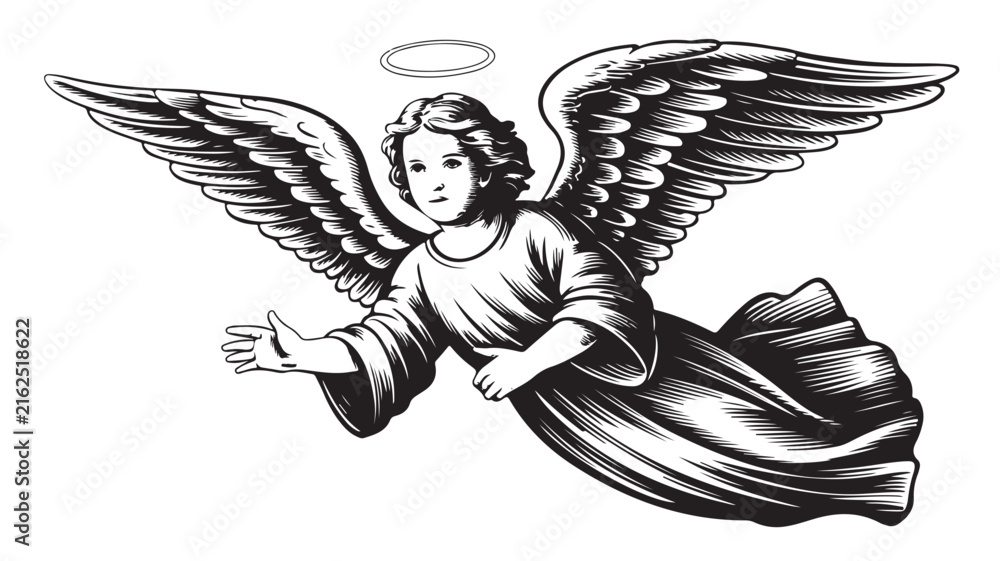 Fototapeta premium Detailed vector illustration of a flying celestial angel featuring large feathered wings and a glowing holy halo religious symbol