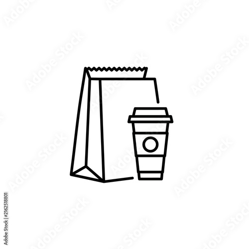 Simple line art illustration of a paper bag and a coffee cup.