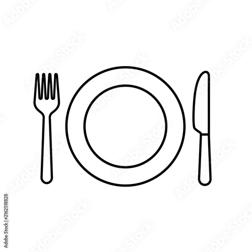 Simple line art illustration of a dinner plate with fork and knife.
