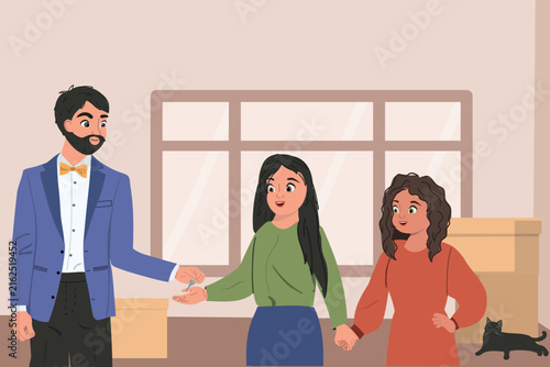 Happy lesbian couple receiving keys to their new home from a man real estate agent. Vector flat illustration of lgbt family move to new home. 