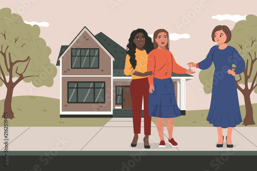 Happy young lgbtq couple receiving keys to their new home from a real estate agent