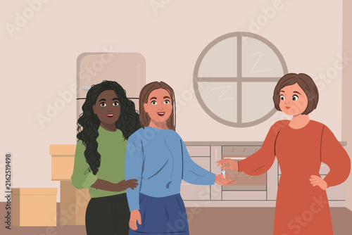 Real estate agent hands over the house key with the girls couple. Vector flat illustration of two lgbt girls move to new home. Kitchen interior with woman realtor gives key to lesbian family