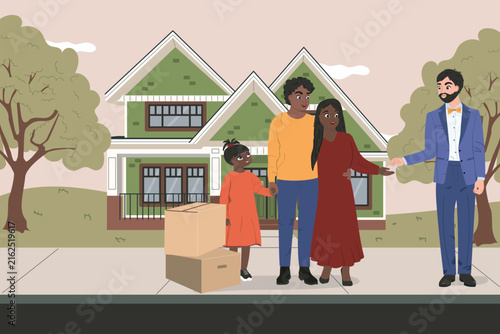 African american family celebrate their new home. House is visible in the background. Buying a new dream home, moving the family, and receiving the keys from the real estate agent.