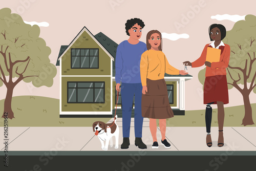 Illustration of the professional real estate concept, showing the successful completion of a deal between a married couple and a real estate agent. Vector illustration