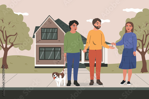 A happy young gay couple buying a new home and receiving the keys from a real estate agent. Successful completion of a deal bying house. Vector illustration