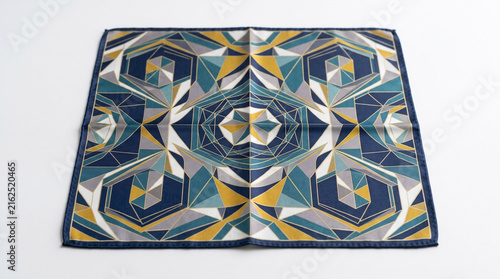 Silk pocket square laid flat showing symmetrical geometric pattern on white background. Silk pocket square features teal, gold, and gray shades. Premium silk pocket square for catalog shop.