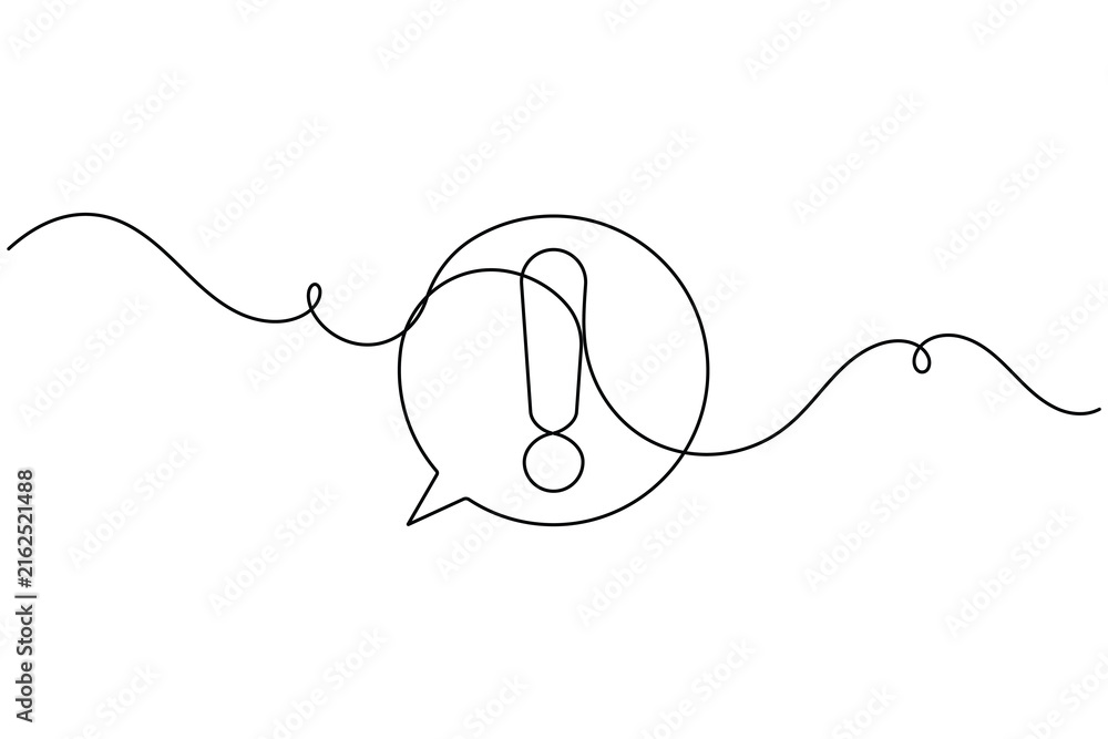 Obraz premium Caution danger exclamation mark in speech bubble frame sign continuous one line drawing on white background minimalist single art alert and warning chat symbol editable outline vector illustration