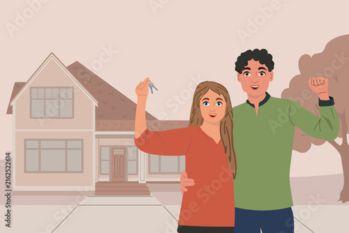 A happy couple celebrate their new home while holding the keys. A house is visible in the background. Buying a new dream home, a family moving.