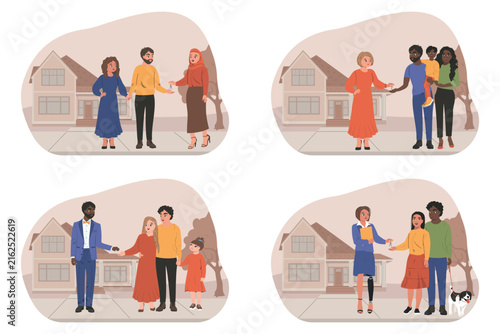 Professional real estate concept. Set of scenes showing the successful completion of a deal between a diverse people and a real estate agent.