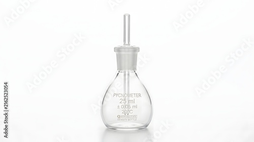Clear glass pycnometer flask for measuring liquid density in laboratory research settings.