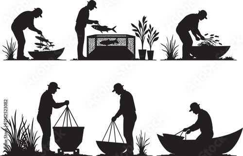 Silhouettes of people engaged in traditional fishing and harvesting activities with fish