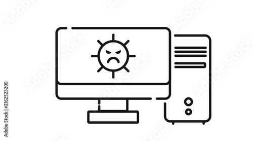 Desktop computer tower and monitor with angry virus character symbol on screen icon. Black line art style on white background. 
