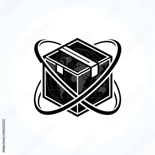 Global logistics box logo design featuring a package surrounded by orbital swooshes and a world map graphic