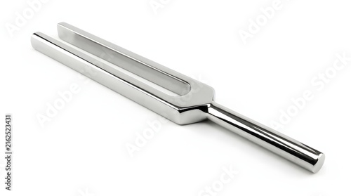 Single shiny silver metal tuning fork for frequency analysis and vibration experiments now.