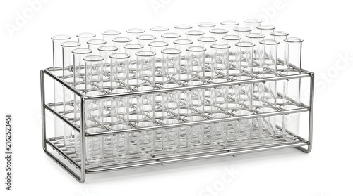 Rack of empty glass test tubes arranged for chemical research in laboratory experiments.