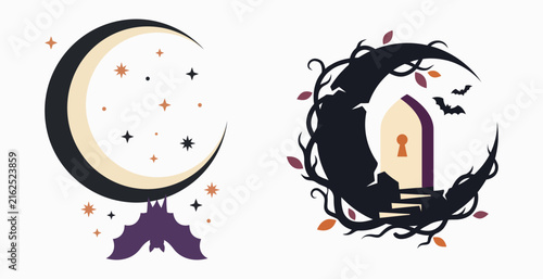 Halloween Crescent Moon and Spooky Candle Wreath Gothic Vector Illustration
