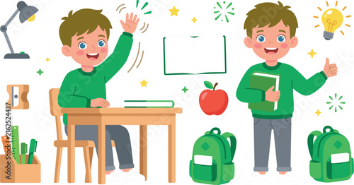 Happy School Boy Studying and Learning with Desk, Books, Apple, Backpacks, Pencil Holder, Lamp, and Lightbulb for Education Designs