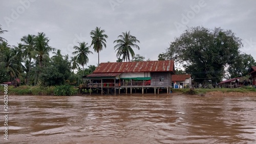 Konstfotografi A rustic wooden house with a red roof beside a muddy river, surrounded by lush greenery and palm trees
