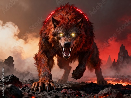 Ferocious Demonic Wolf With Glowing Eyes Stalking Across Lava-Scarred Volcanic Landscape

