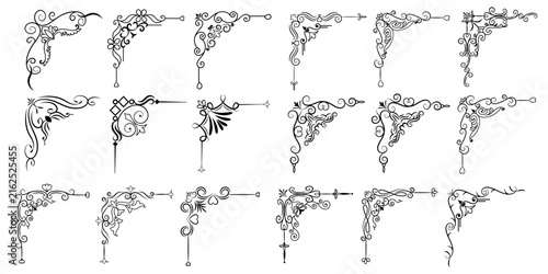 Collection of ornate black decorative corner flourishes with transparent background