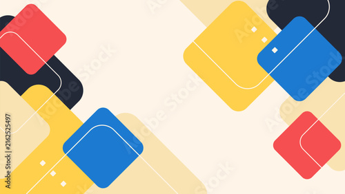 Abstract colorful geometric background with modern overlapping rounded square shapes and minimalist Memphis line elements, Suitable for creative marketing banners and corporate business presentations