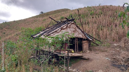 Cuadro en lienzo Rural dwelling made of natural materials, surrounded by hilly terrain with sparse vegetation