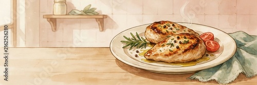 A national dish of Italian cuisine. 
Petto di pollo alle erbe — a dish made from juicy chicken breasts baked with aromatic herbs, garlic, and olive oil. Banner with space for text. 