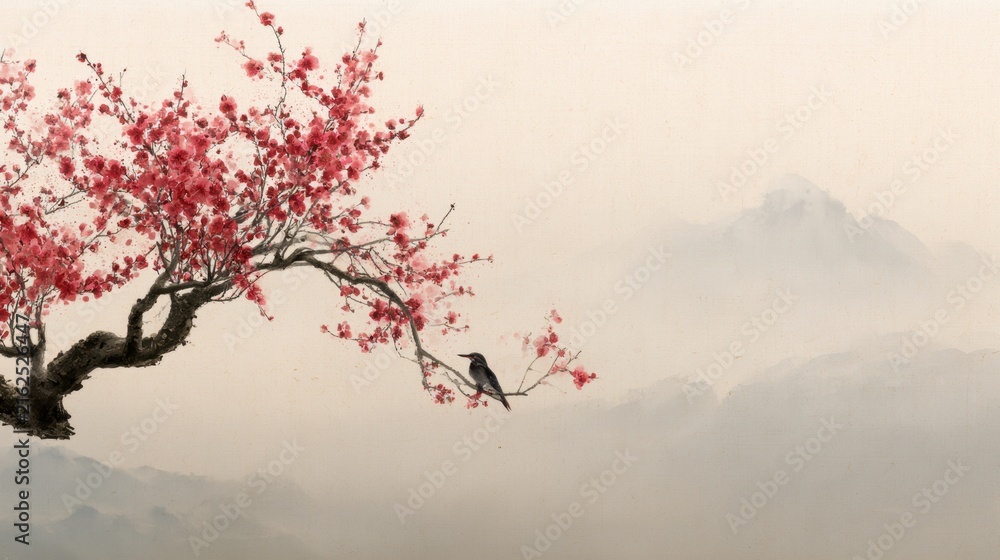 Fototapeta premium Chinese Ink Wash Plum Blossom Bird Mountain Oriental