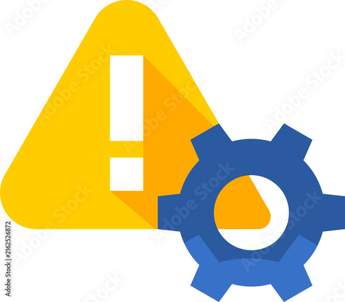 Yellow triangle warning exclamation mark maintenance with blue gear icon PNG