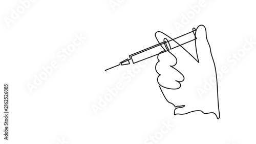 Lip injection procedure hand holds syringe one line art animation, cosmetic surgery anti aging movie, lips augmentation continuous line drawing hyaluronic acid filler. 4k self-drawing video