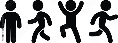 Four people silhouettes in different poses, black and white four figures standing walking des