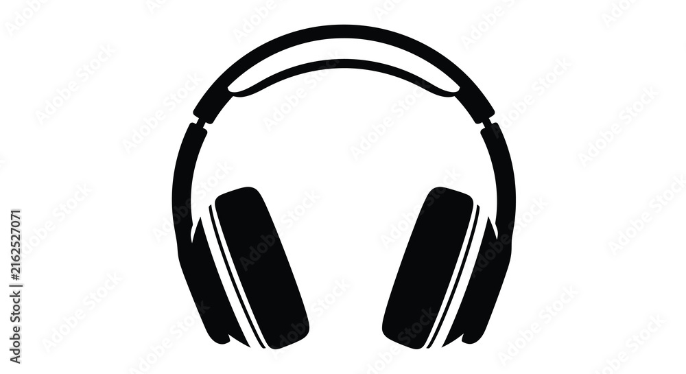 Obraz premium A black silhouette of over ear headphones presents a minimalist design against a white background audio headset earphones