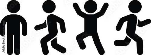 Four silhouettes of people in different poses black and white standing walking