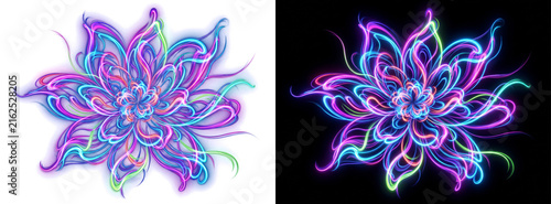 Vibrant glowing neon lotus flower digital art vector on black and white background
