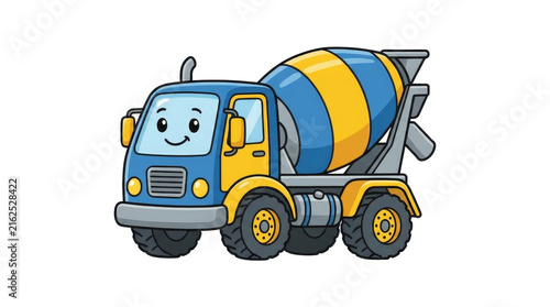Cute cartoon cement mixer truck character with friendly smiling face isolated on a transparent background