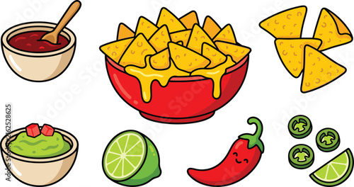 Mexican Tortilla Chips Nachos Bowl Vector Set with Melted Cheese Guacamole Avocado Salsa Dip Jalapeno and Cute Chili Pepper Icons