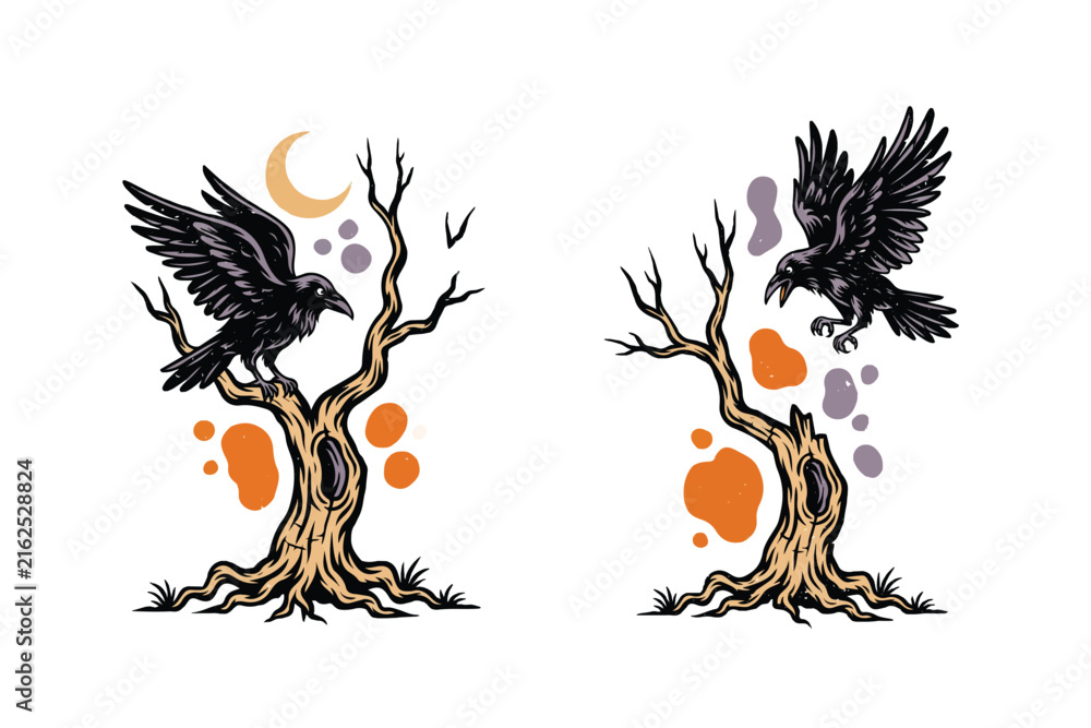 Naklejka premium Spooky Raven on Twisted Dead Tree Vector Illustration Isolated on White Background