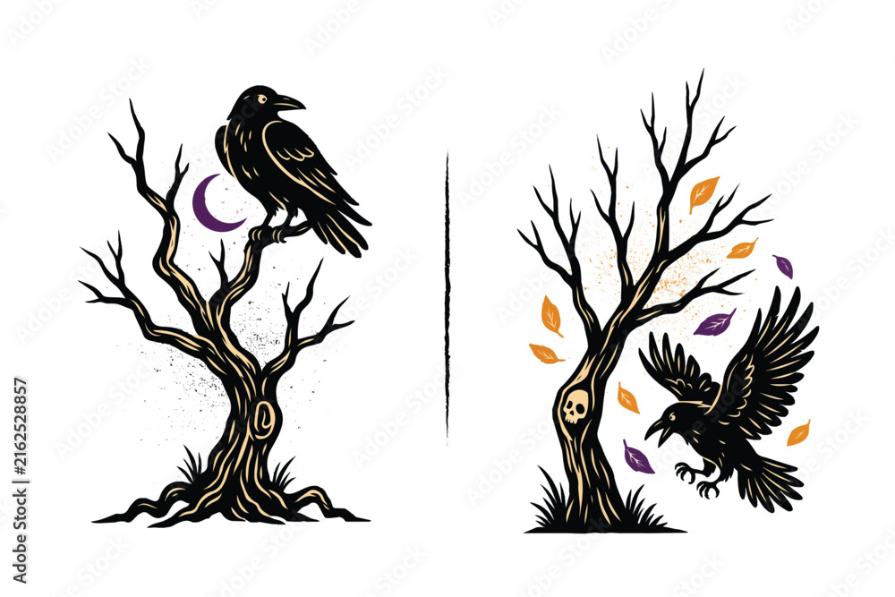 Naklejka premium Raven inside twisted dead tree vector illustration isolated on white background
