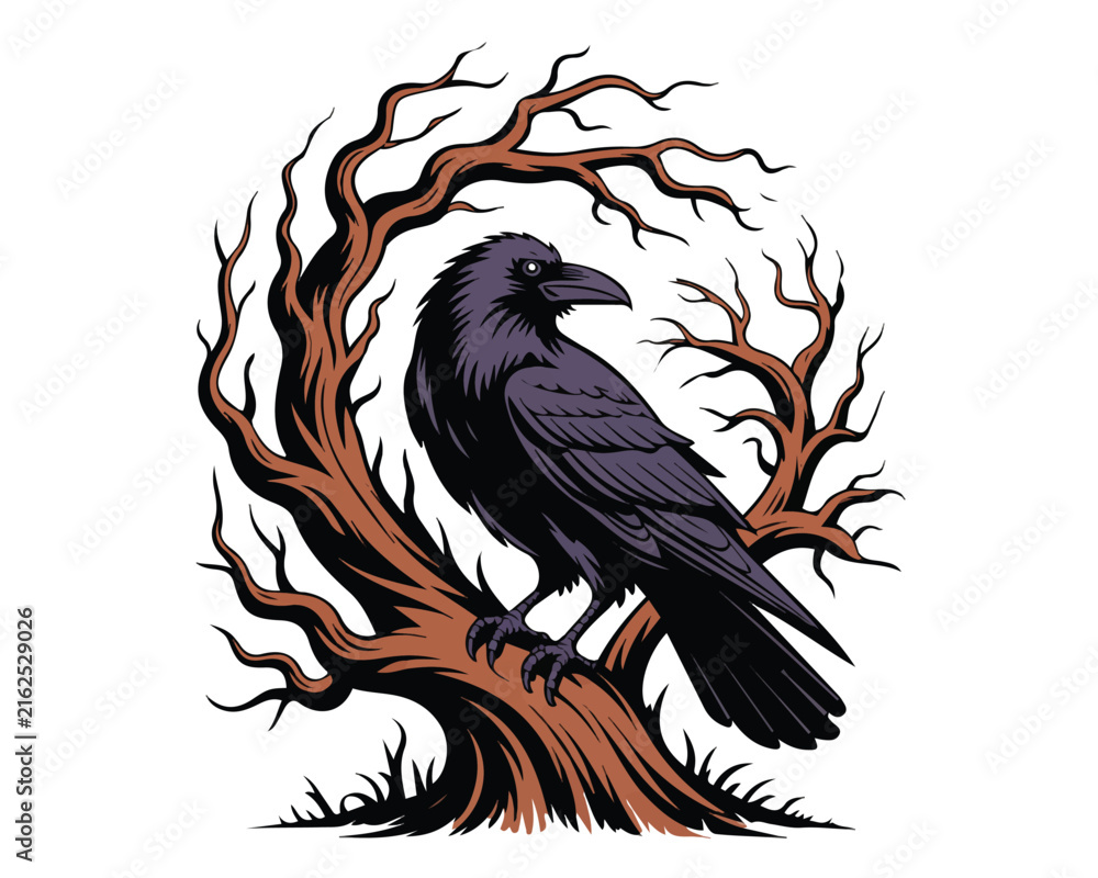 Naklejka premium Gothic Raven and Twisted Dead Tree Vector Illustration Isolated on White Background