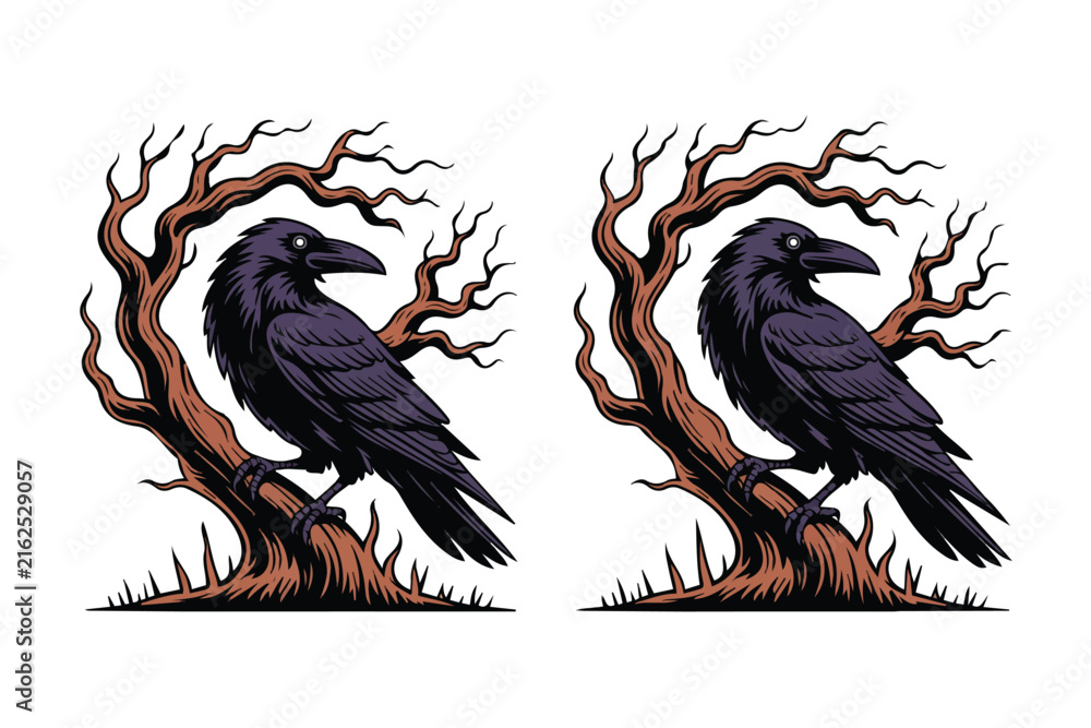 Naklejka premium Black Raven Perched in Twisted Dead Tree Vector Illustration Isolated on White Background