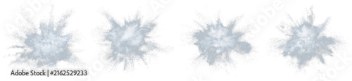 Photography Four dynamic instances of light grey dust or smoke explosions, expanding outward on a transparent background