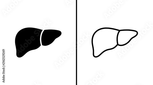 Human liver icons set in solid black and outline styles for medical and anatomical design