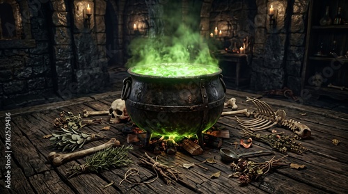 Witch cauldron with green magic potion in a dark stone dungeon for Halloween celebration