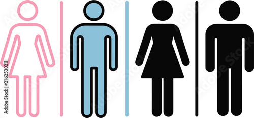 Four stylized female figures in pink, blue, black, and gray against white background, silhouettes des