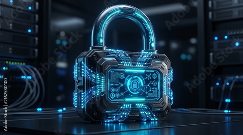 Cybersecurity digital padlock protecting sensitive data within server room environment