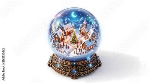 Magical Christmas snow globe featuring a miniature winter town with snowy roofs, lit windows, and a festive atmosphere on a clean white background