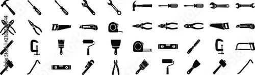 Set of black silhouette construction icons for home improvement projects and professional repair and maintenance work