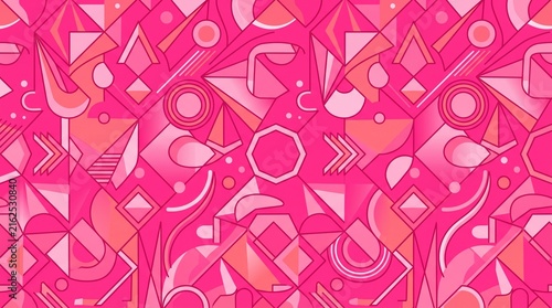Hot pink geometric seamless pattern with overlapping swirls and abstract shapes for modern design